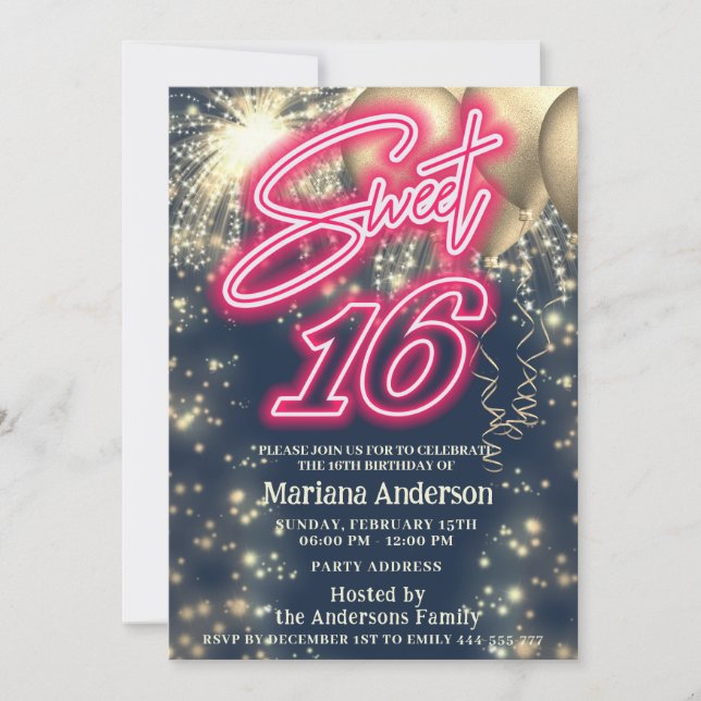 Invitation Cool amusant rose néon or ballon d'or scintillant  (Devant)