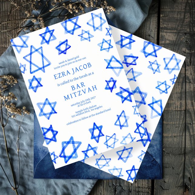 Invitation Cool aquarelle Blue Star de David Bar Bat mitzvah (Watercolor Cool Blue messy Star of David Pattern Bnai Bar Bat Mitzvah Custom  Invitation evite 
)