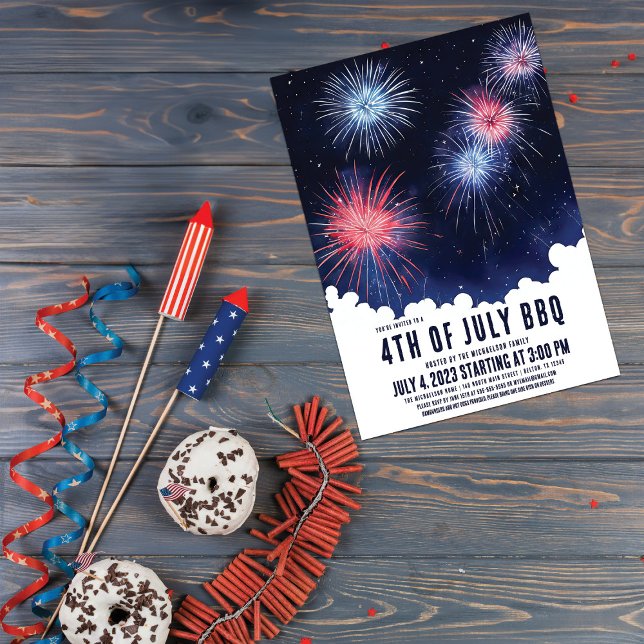 Invitation Cool Aquarelle Fireworks Ciel Nigh 4 juillet BBQ (Créateur téléchargé)