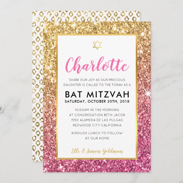 Invitation cool bat mitzvah luxe rose or parties scintillant  (Devant / Derrière)
