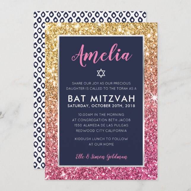 Invitation cool bat mitzvah marine rose or parties scintillan (Devant / Derrière)