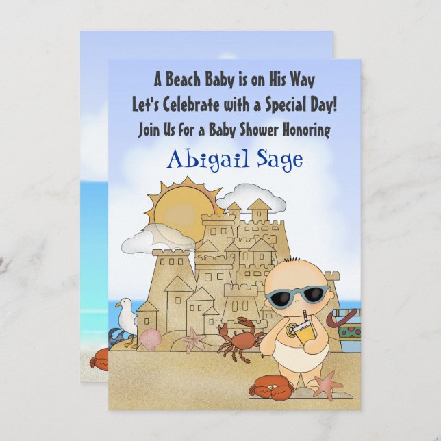 Invitation Cool Beach Baby Sandcastle Baby shower garçons (Devant / Derrière)