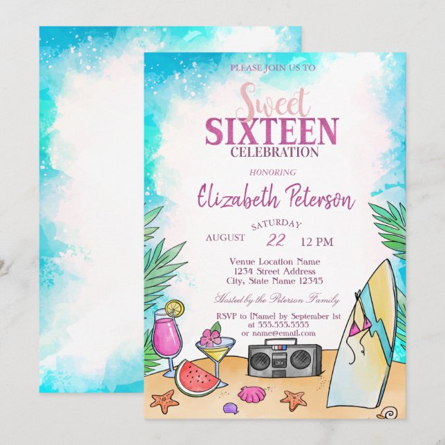 Invitation Cool Beach Cocktail Fruits été Sweet 16 Party (Devant / Derrière)