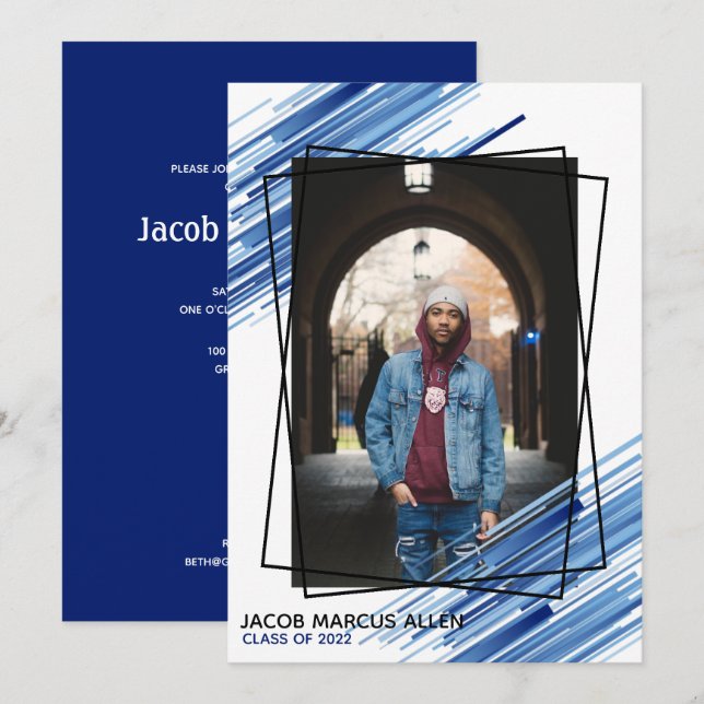 Invitation Cool Bleu Abstrait Photo Graduation (Devant / Derrière)