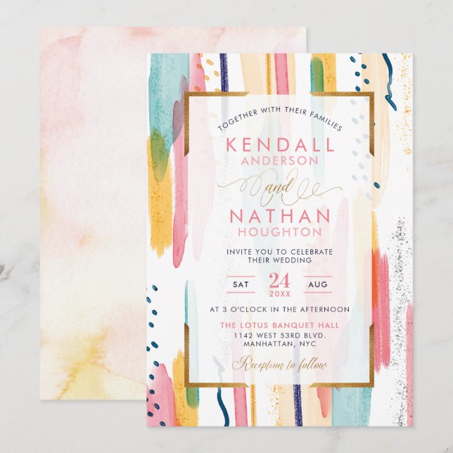 Invitation Cool Bleu Aquarelle Memphis Chic Mariage (Devant / Derrière)
