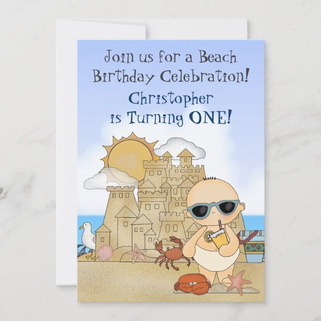 Invitation Cool Boy Beach Baby and Sandcastle 1er anniversair (Devant)