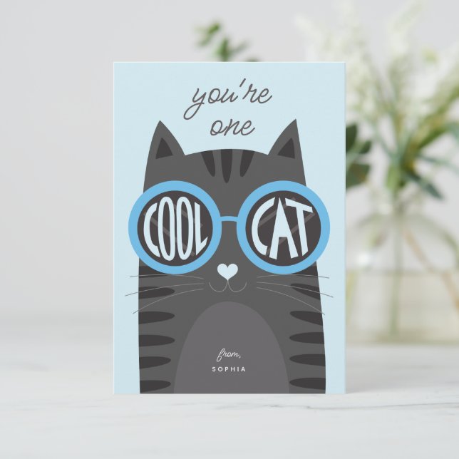 Invitation Cool Cat Grey Saint Valentin Card_blue (Debout devant)