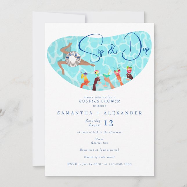 Invitation Cool de piscine Cocktail Sip & Dip Couples Douche (Devant)