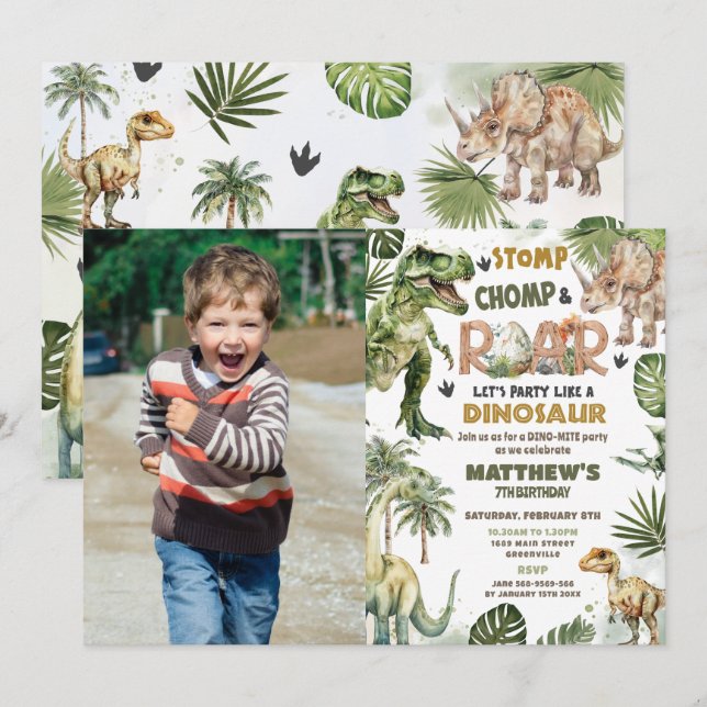 Invitation Cool Dinosaures Jurassique Verdure Anniversaire Ph (Devant / Derrière)