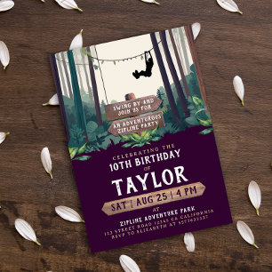 Invitation Cool Fun Zipline Forêt pourpre Anniversaire Aventu