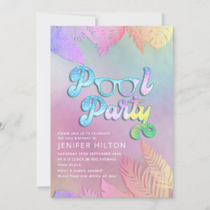 Invitation Cool holographique tropical feuille script pool