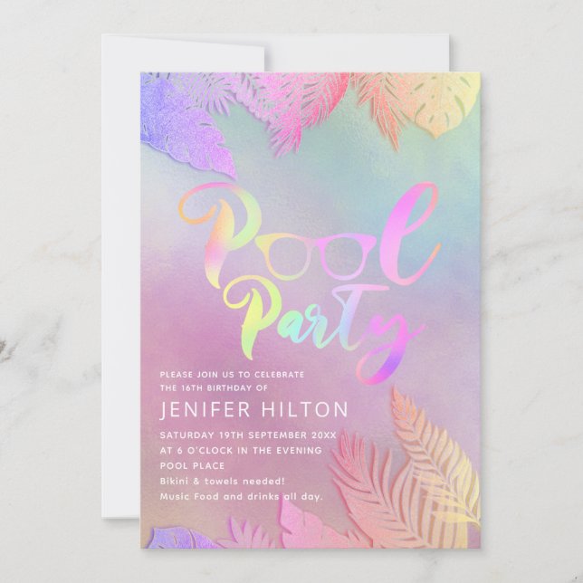 Invitation Cool holographique tropical feuille script pool (Devant)