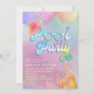 Invitation Cool holographique tropical feuille script pool