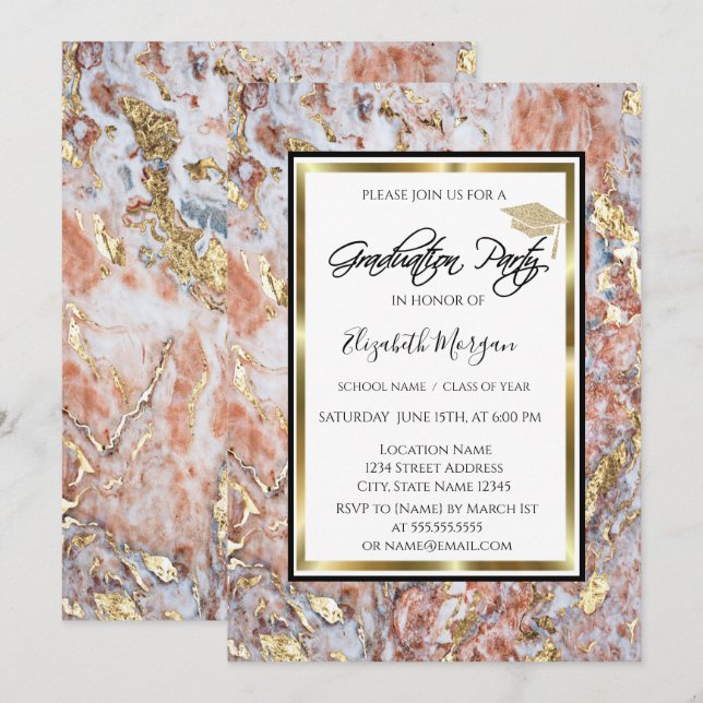 Invitation Cool Marble Gold Parties scintillant Graduation Ca (Devant / Derrière)