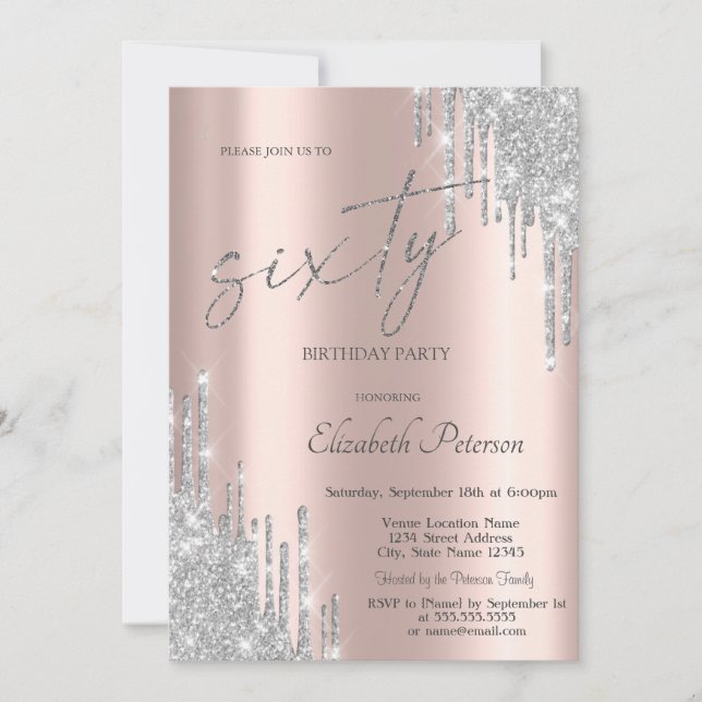 Invitation Cool Parties scintillant en argent Rose Gold 60e a (Devant)