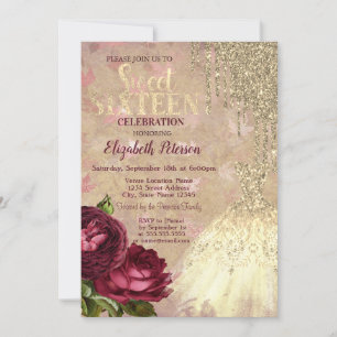 Invitation Cool Parties scintillant or, Robe Rose Sweet 16