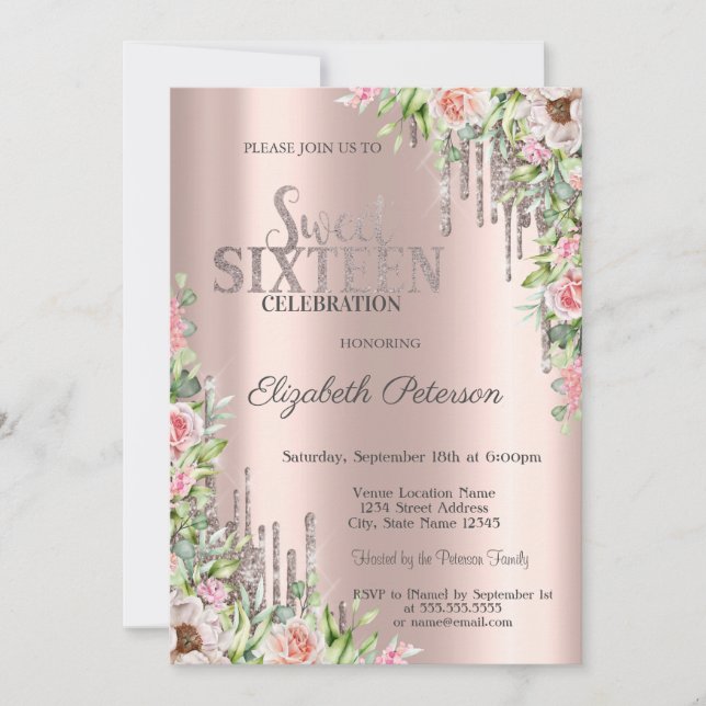 Invitation Cool Parties scintillant  Rose Gold Roses Sweet 16 (Devant)