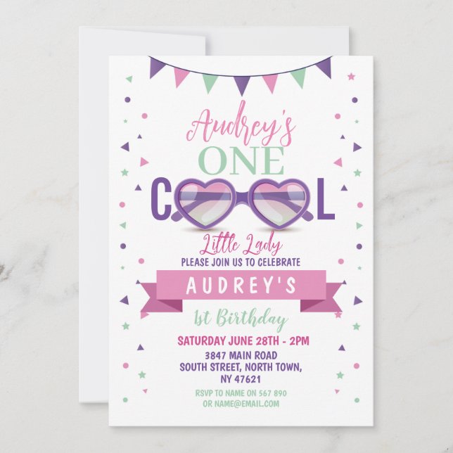 Invitation Cool Petite Dame 1er Anniversaire Lunettes de sole (Devant)