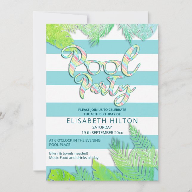 Invitation Cool plaisir été script pool fête d'anniversaire (Devant)