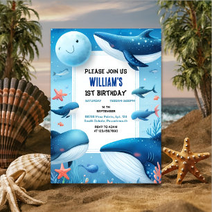 Invitation cool poisson splash baleine bleu marine requin 1er