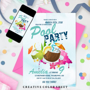Invitation Cool Pool Party Anniversaire Tropical Party