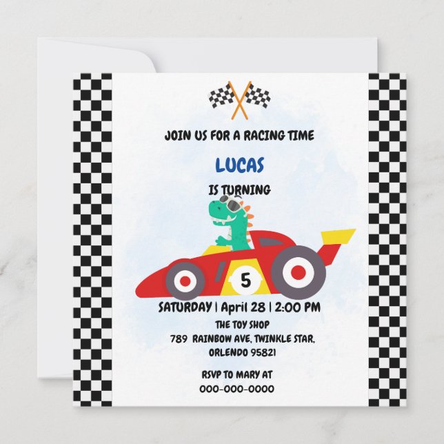 Invitation Cool Red Race voiture garçon Fun Dinosaur fête d'a (Devant)