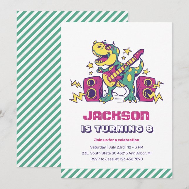 Invitation Cool Rockstar T-Rex Dinosaur Anniversaire de enfan (Devant / Derrière)