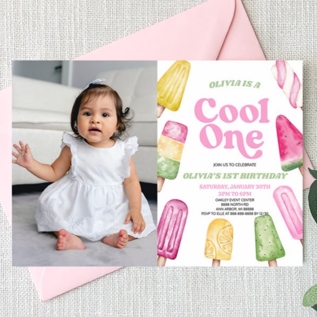 Invitation Cool rose Un Popsicle Photo 1er anniversaire fête (Créateur téléchargé)
