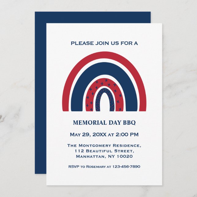 Invitation Cool Rouge Blanc Bleu Rainbow Memorial Day BBQ Par (Devant / Derrière)