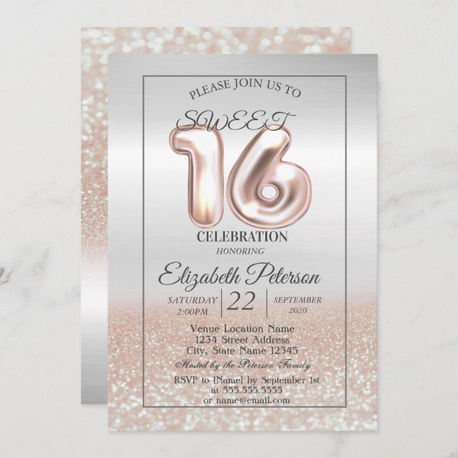 Invitation Cool Silver Rose Gold Bokeh Sweet 16 Party (Devant / Derrière)