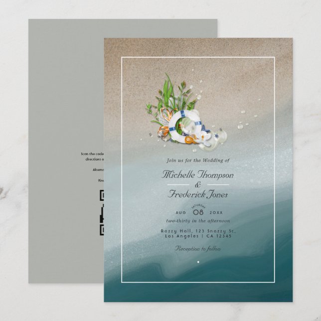 Invitation Cool Summer QR Code RSVP Beach Wedding (Devant / Derrière)