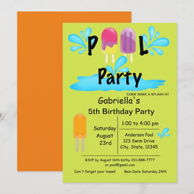 Invitation Cool Summer Sun Splash Pool Fête Anniversaire (Devant / Derrière)