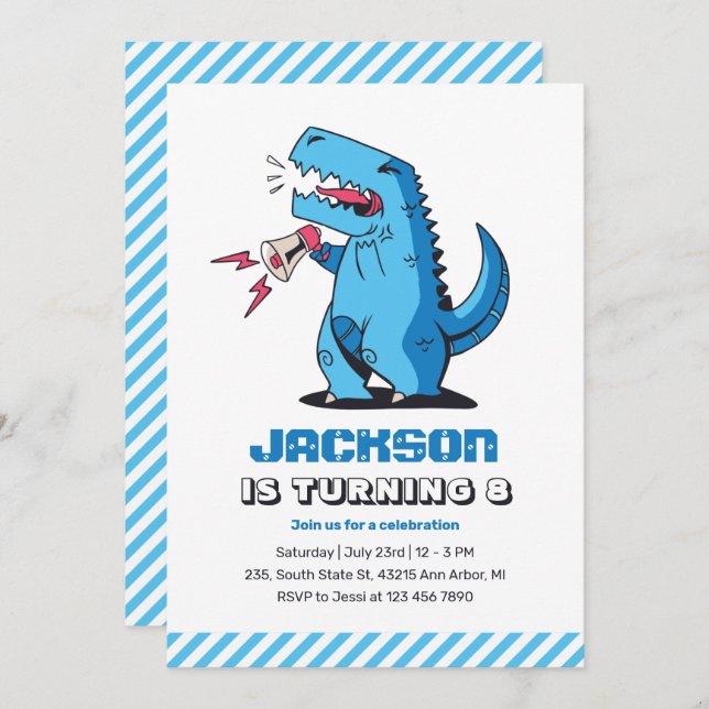 Invitation Cool T-Rex Cartoon Blue Dinosaur Anniversaire de e (Devant / Derrière)