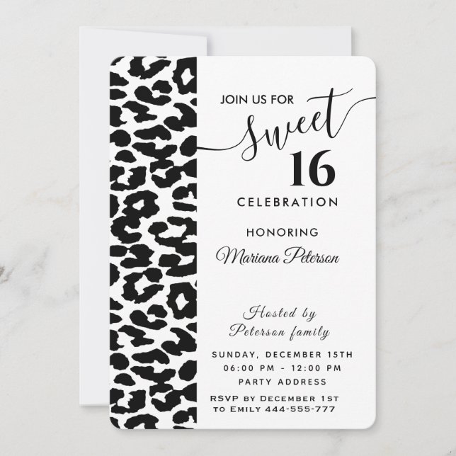 Invitation Cool tendance noir blanc léopard doux 16 Invitati (Devant)