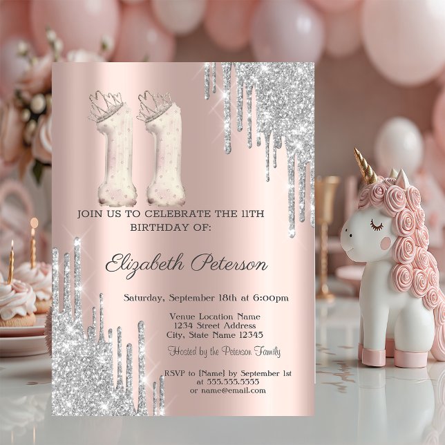Invitation Cool Tiara Silver Drips Rose Gold 11th Birthday (Créateur téléchargé)