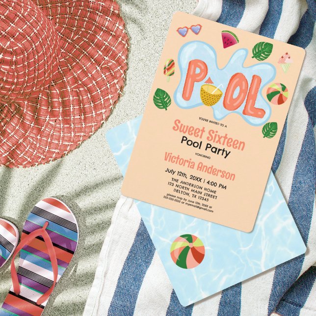 Invitation Cool Tropical Summer Pool Party Sweet 16 Invitatio (Créateur téléchargé)
