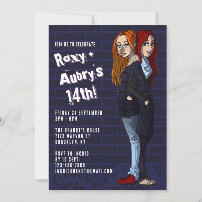 Invitation Cool Twins Cartoon Ado Girls Joint 14e anniversair (Devant)