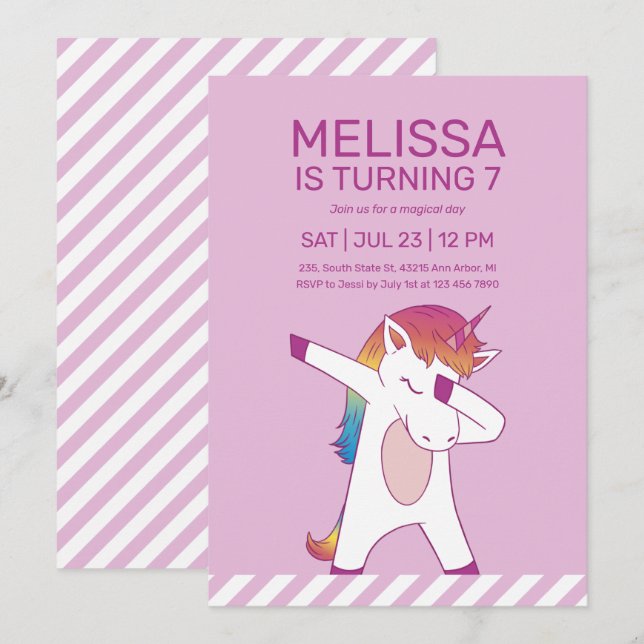 Invitation Cool Unicorn Dabbing Pink Purple Anniversaire de e (Devant / Derrière)