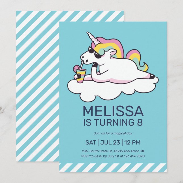 Invitation Cool Unicorn Lunettes de soleil été fille Annivers (Devant / Derrière)