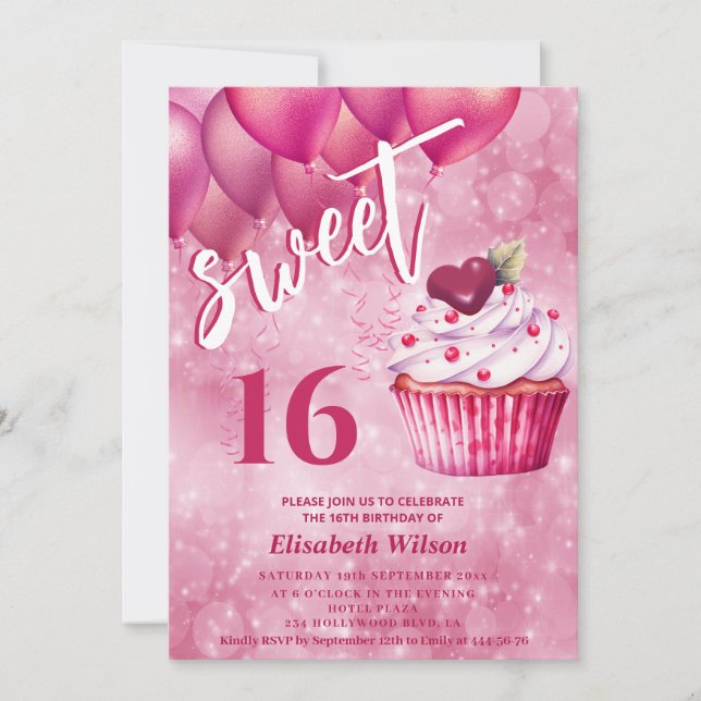 Invitation Cool whimsy Girly rose ballon cupcake (Devant)