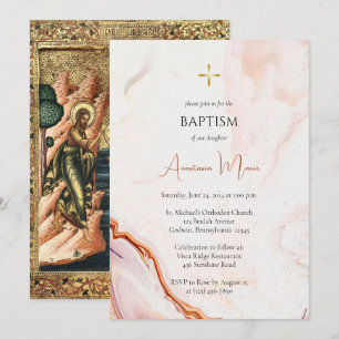 Invitation Cooper et faux marbre rose Baptême orthodoxe