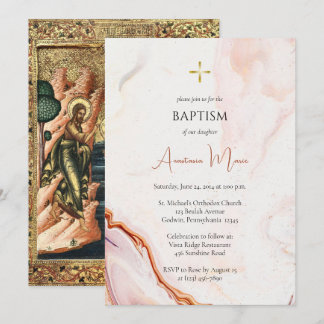 Invitation Cooper et faux marbre rose Baptême orthodoxe