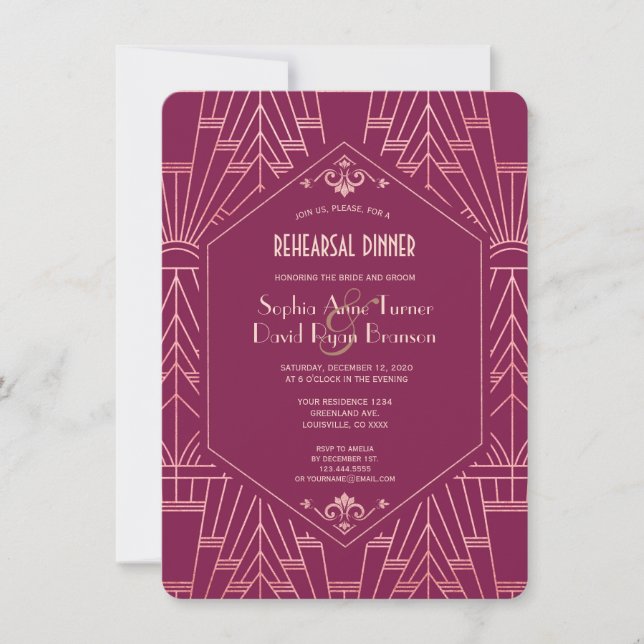 Invitation Cooper Rose Great Gatsby Dîner de répétition des a (Devant)