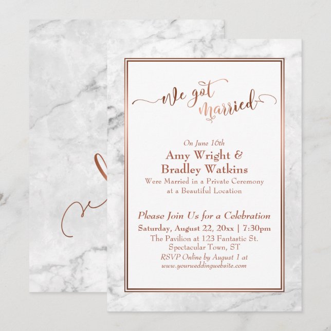 Invitation Copper Nous Avons Marié Marbre blanc Célébration (Devant / Derrière)