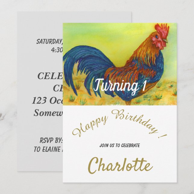Invitation Coq coloré 1er anniversaire (Devant / Derrière)