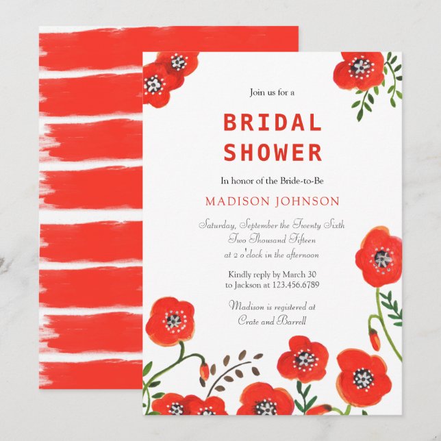 Invitation coquelicots rouges floraux mariage moderne enterre (Devant / Derrière)