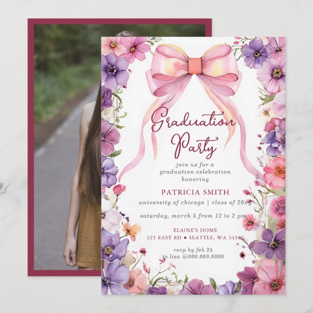 Invitation Coquette à la botte rose florale Fête de graduatio (Devant / Derrière)