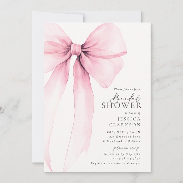 Invitation Coquette Aquarelle Big Rose Bow Fête des mariées (Devant)