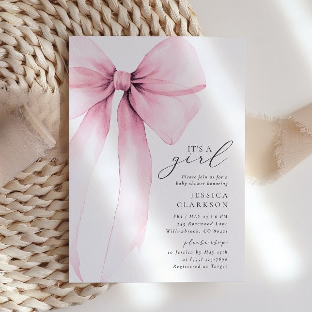 Invitation Coquette Aquarelle Grand Baby shower Bow Rose (Créateur téléchargé)