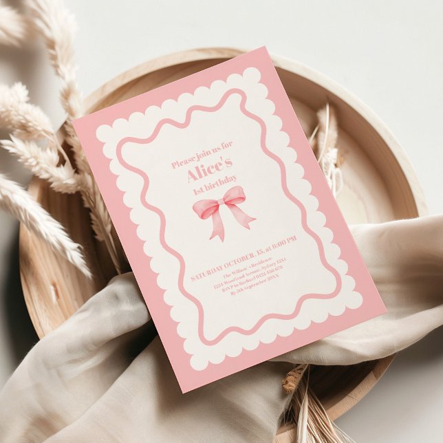 Invitation Coquette Aquarelle rose Bow 1er anniversaire (Créateur téléchargé)
